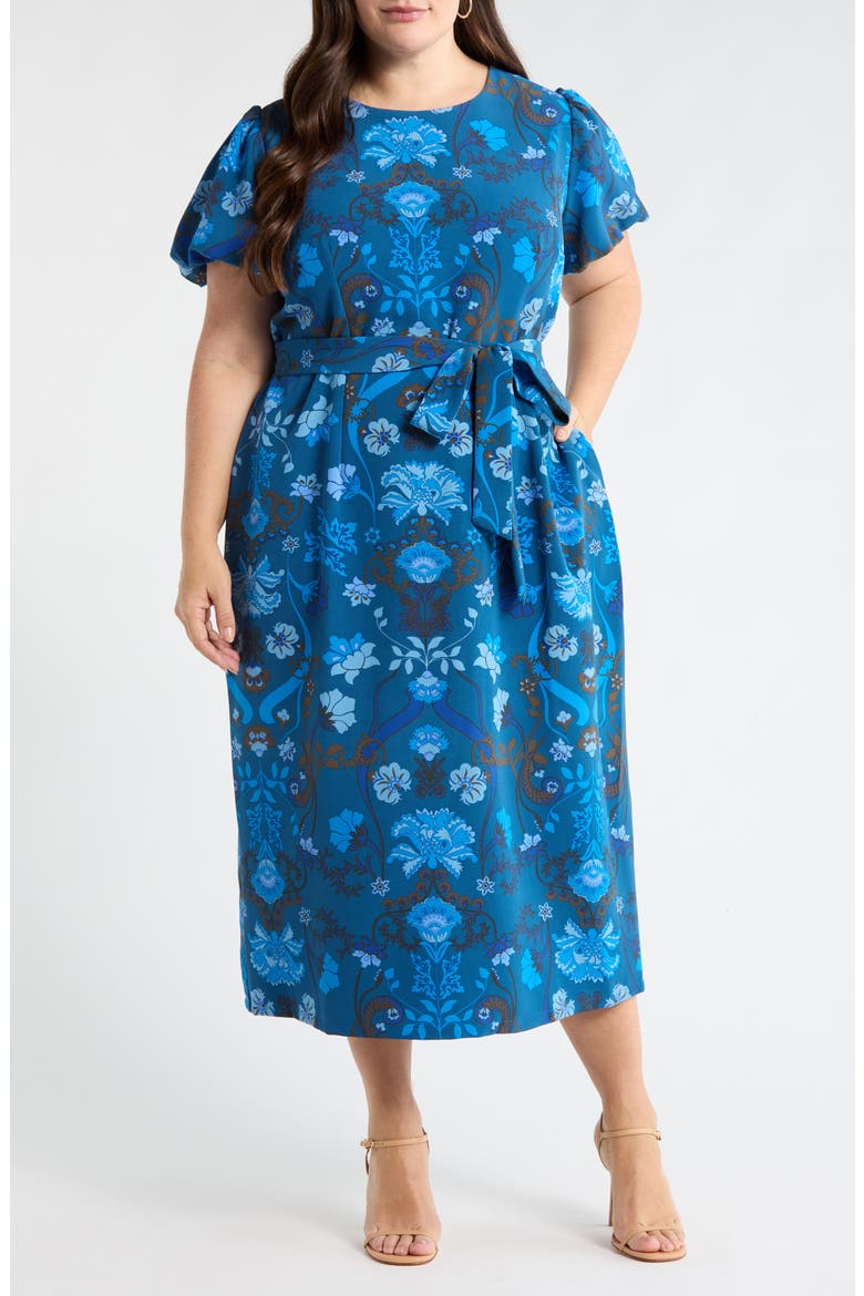 Palmate Floral Senidy Puff Sleeve Maxi Dress, Main, color, TEAL-BLUE