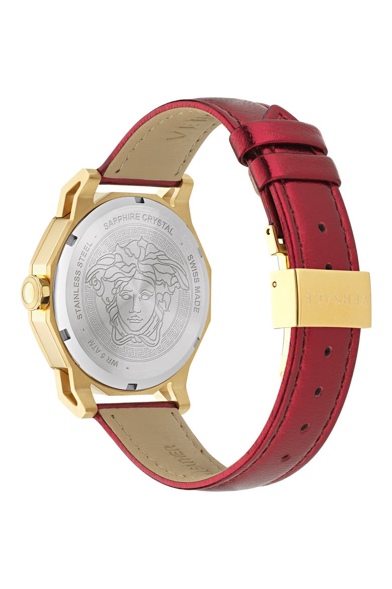 Medusa Deco Leather Strap Watch, 38mm, Alternate, color, IP YELLOW GOLD