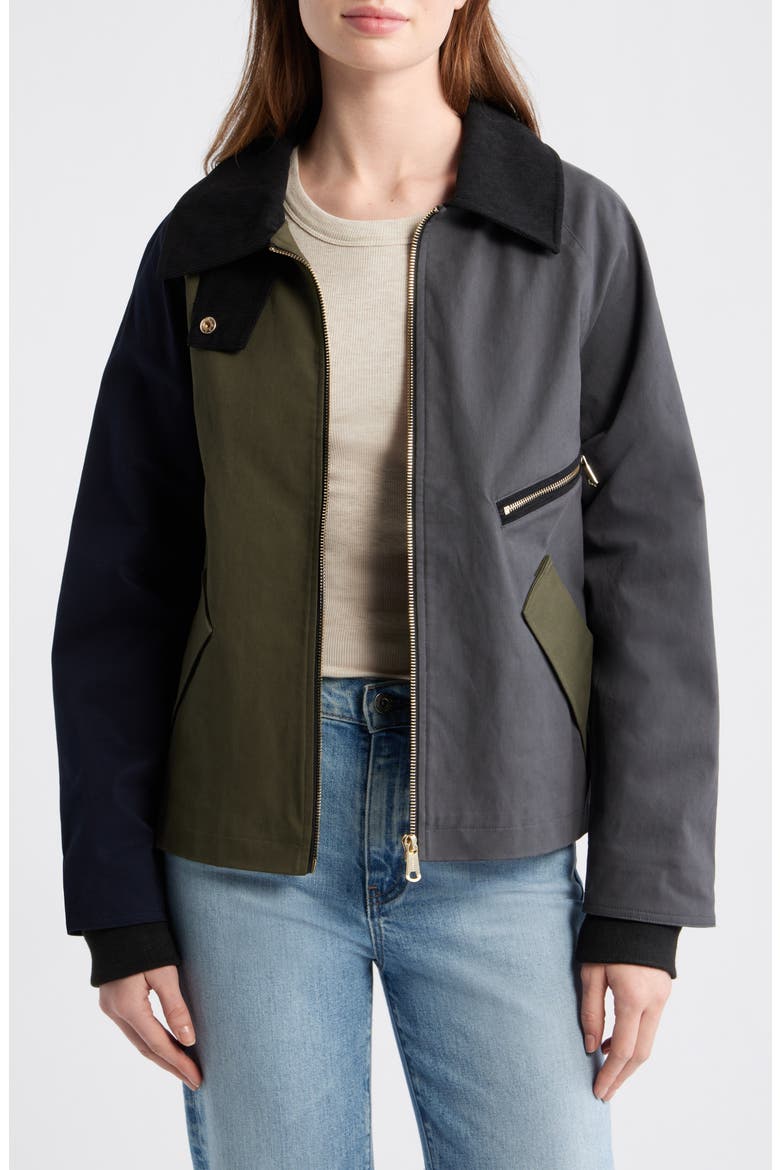 Short Colorblock Stretch Rain Jacket, Main, color, OLIVE / NAVY / GREY
