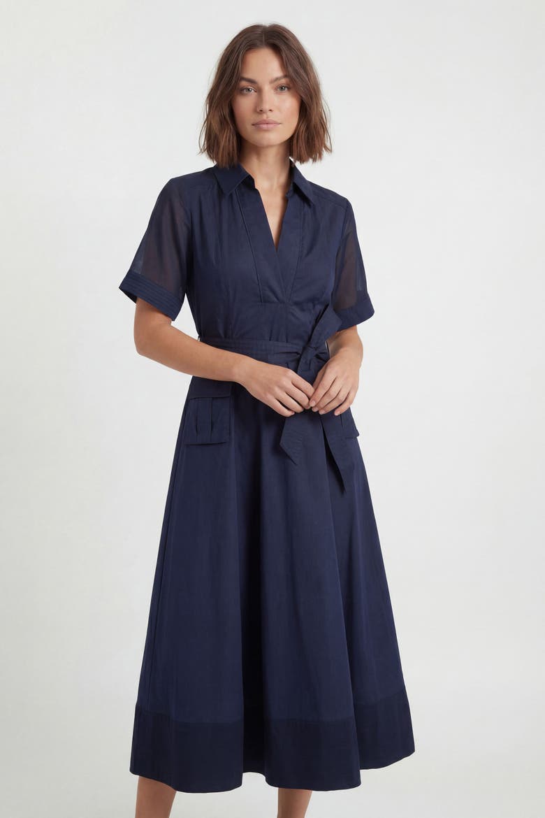 Utility Short Sleeve Organdie Midi Dress, Alternate, color, Navy