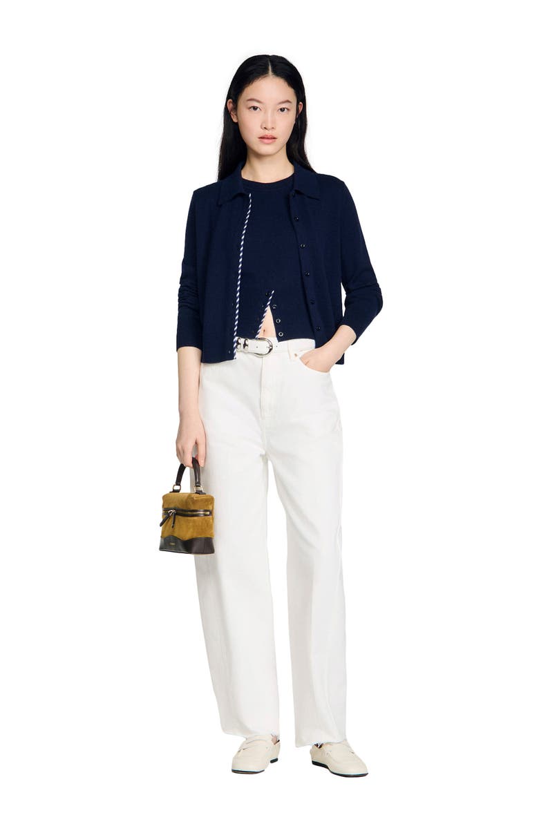 SANDRO Striped wool and cashmere cardigan, Alternate, color, Navy Blue