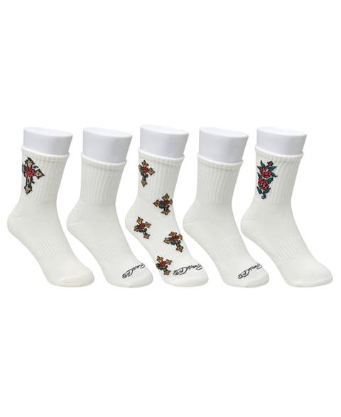 Rose Cross Print Half Cushion Mid Crew Sock 5 Pack