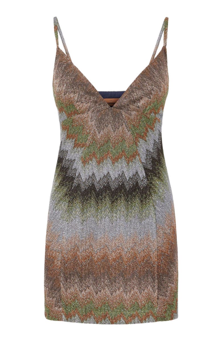 Missoni Sleeveless Viscose Lamé Mini Dress With Deep Neckline, Alternate, color, Green& Brown