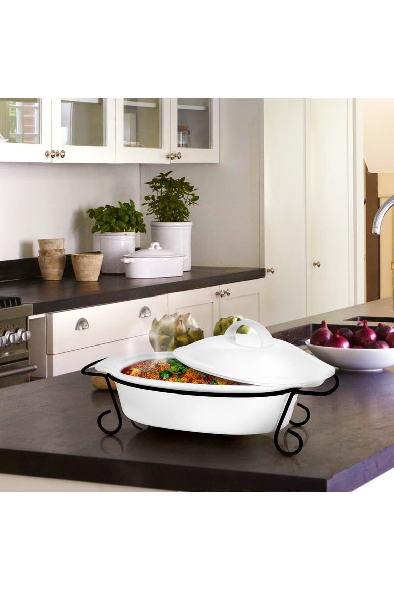 Gracious Dining 2 Piece Oval Stoneware Bakeware with Lid and Metal Rack, Alternate, color, White
