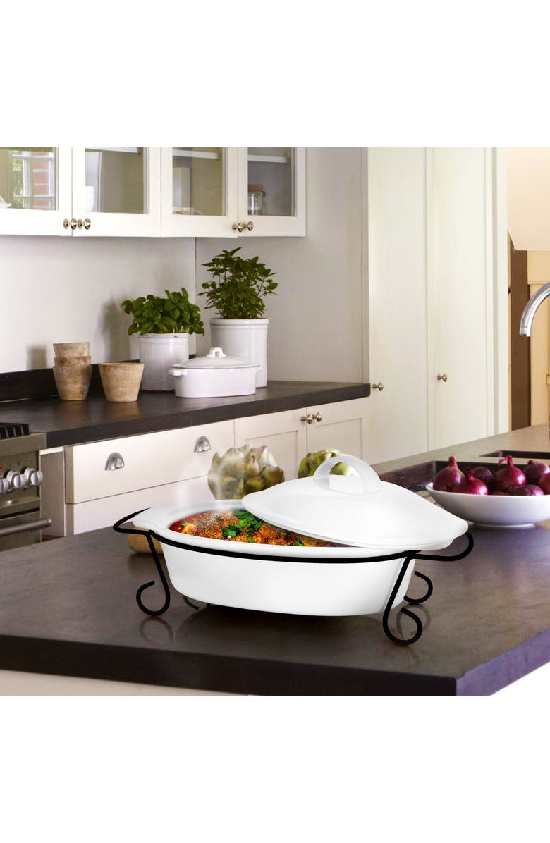 Gibson Home Gracious Dining 2 Piece Oval Stoneware Bakeware with Lid and Metal Rack, Alternate, color, White