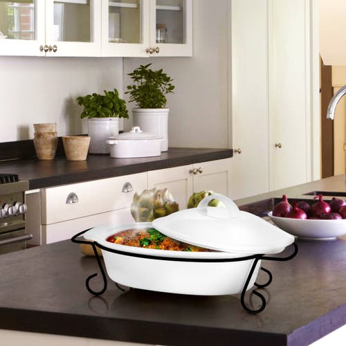 Gibson Home Gracious Dining 2 Piece Oval Stoneware Bakeware With Lid And Metal Rack In White