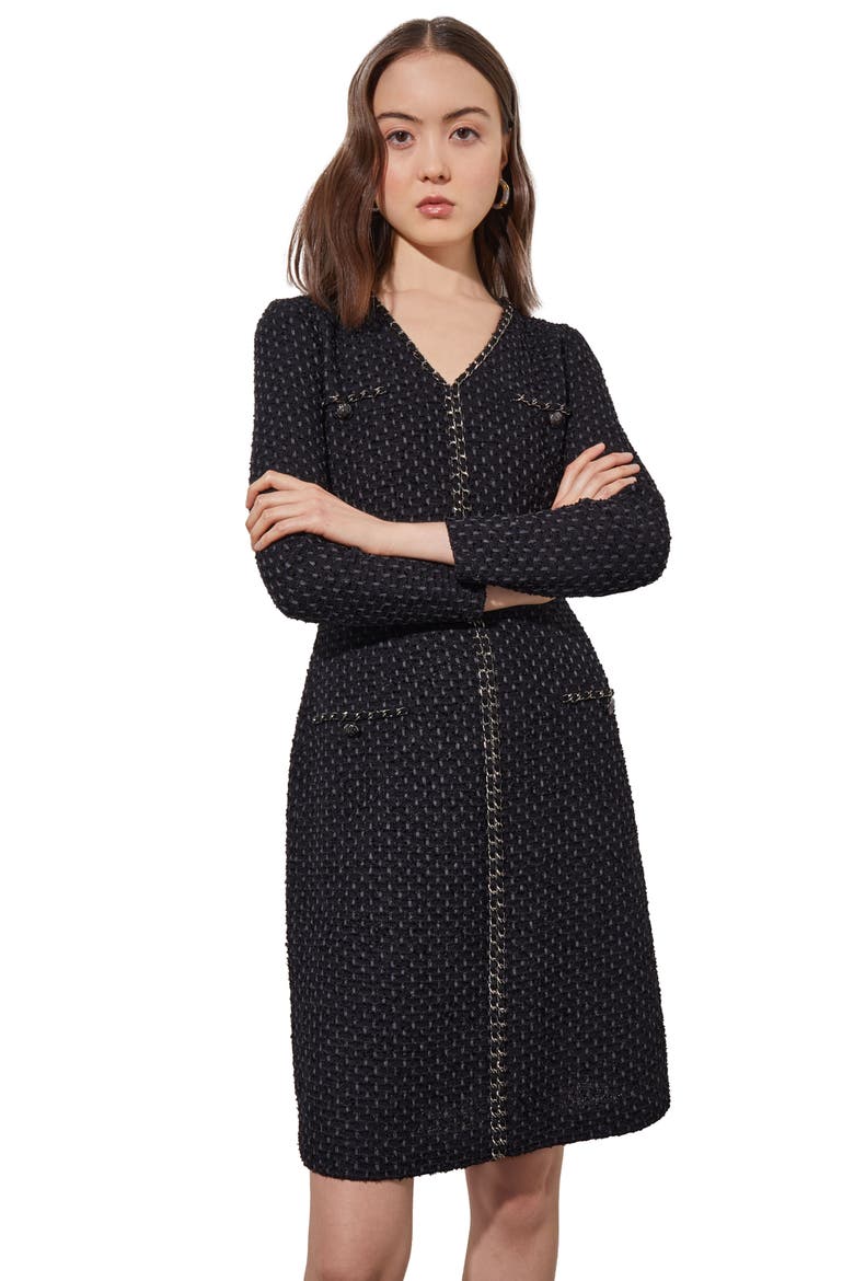 Metallic Braid Detail Long Sleeve Dress, Alternate, color, BLK/ GRANITE