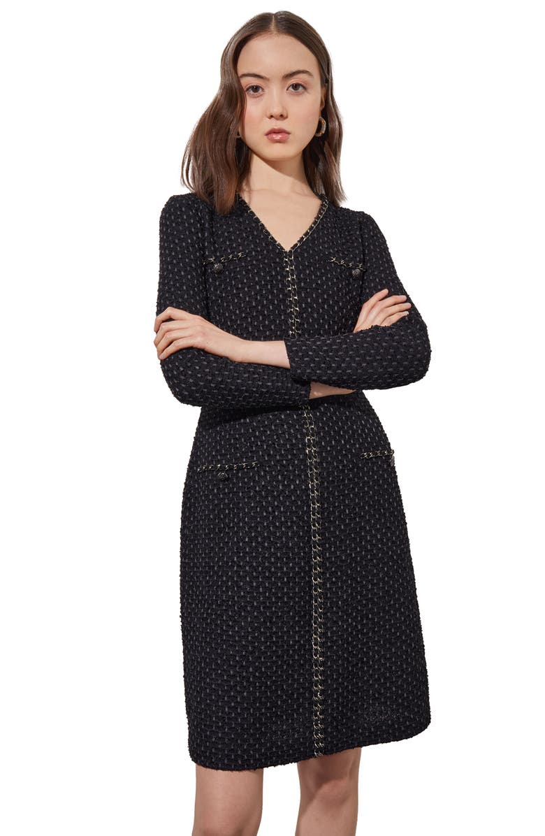 Ming Wang Metallic Braid Detail Long Sleeve Dress, Alternate, color, Blk/ Granite