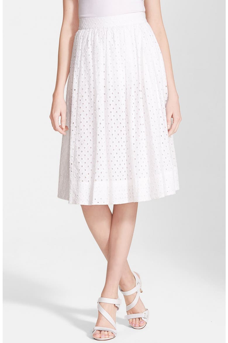 pleated eyelet a-line skirt, Main, color, FRESH WHITE