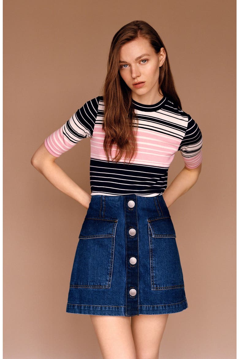 Button Front Denim Skirt, Alternate, color, INDIGO
