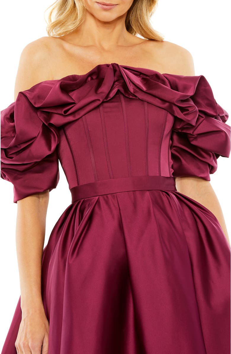 Mac Duggal Off The Shoulder Tea Length Gown, Alternate, color, Plum