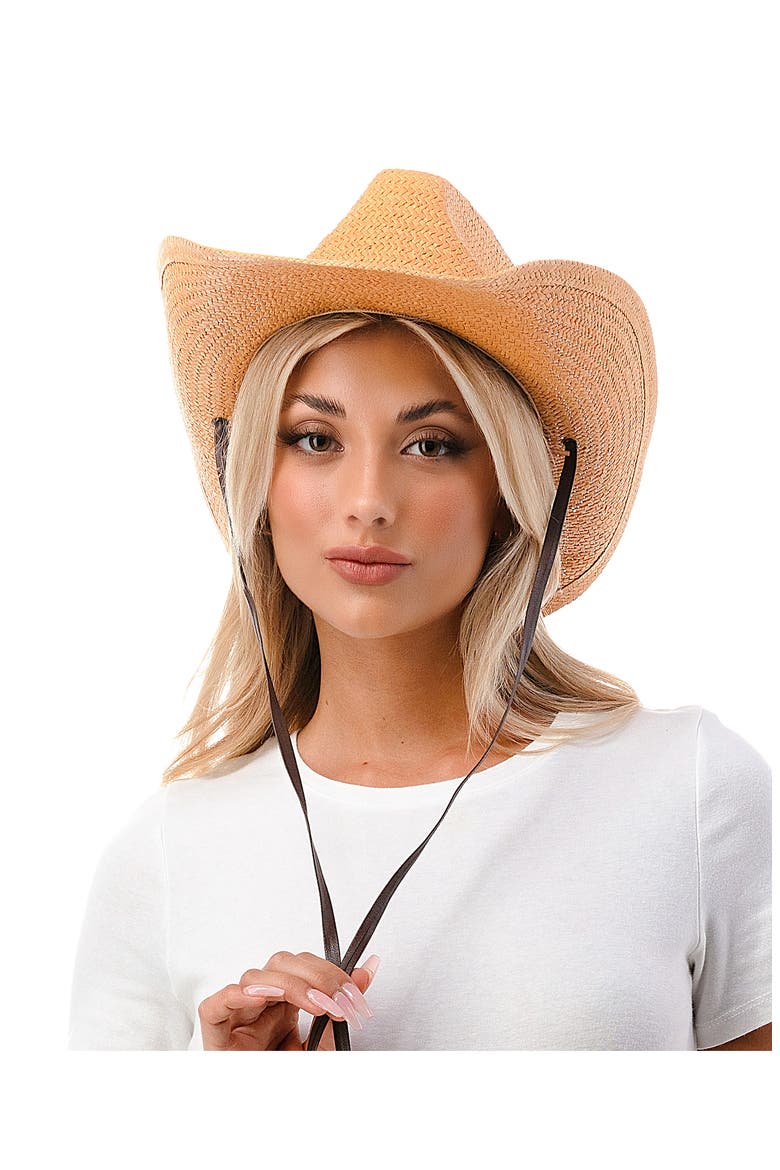 Straw & Vegan Leather Cowboy Hat, Alternate, color, BROWN