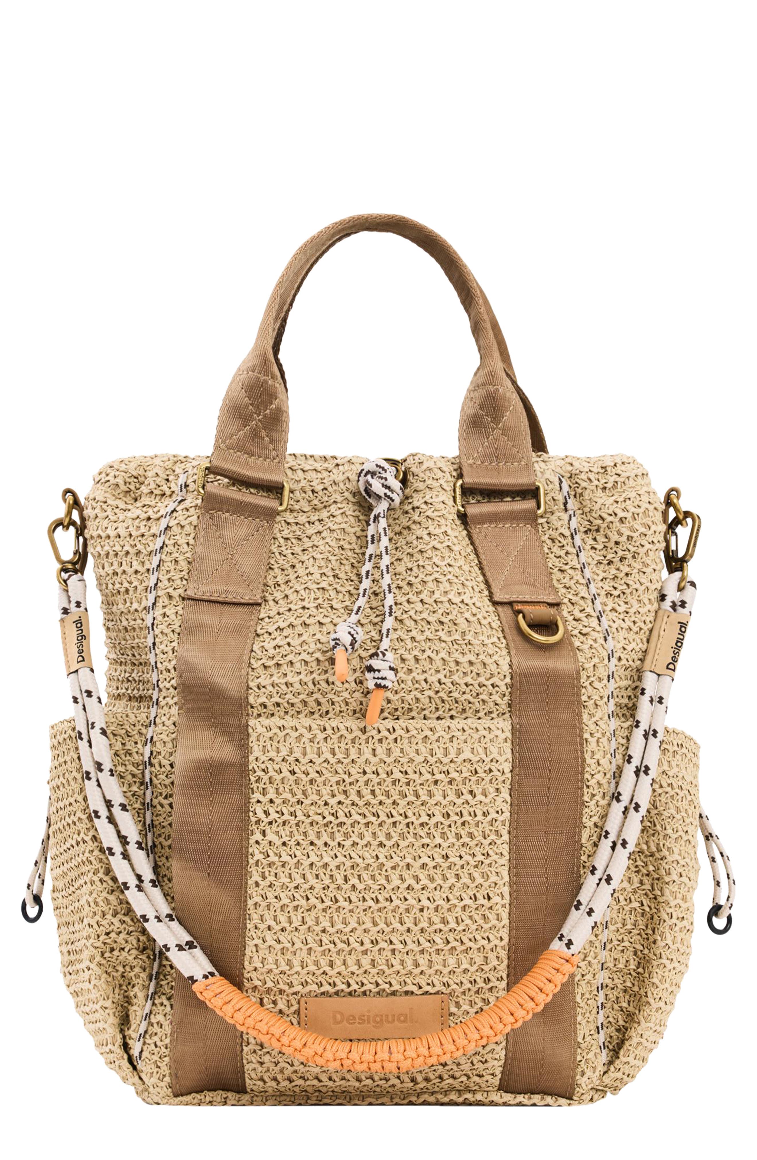 Desigual Medium Voyager Raffia Backpack, Main, color, Dark Beige