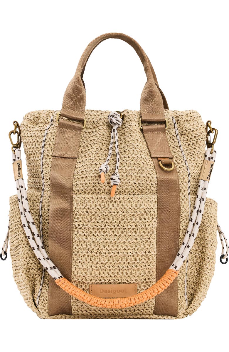 Desigual Medium Voyager Raffia Backpack, Main, color, Dark Beige