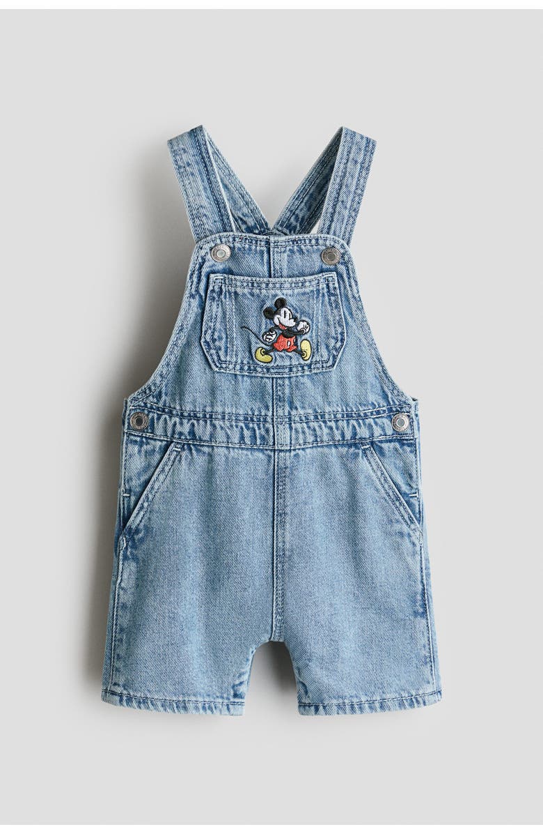 H&M Embroidery-detail Dungaree Shorts, Main, color, Denim Blue/Mickey Mouse
