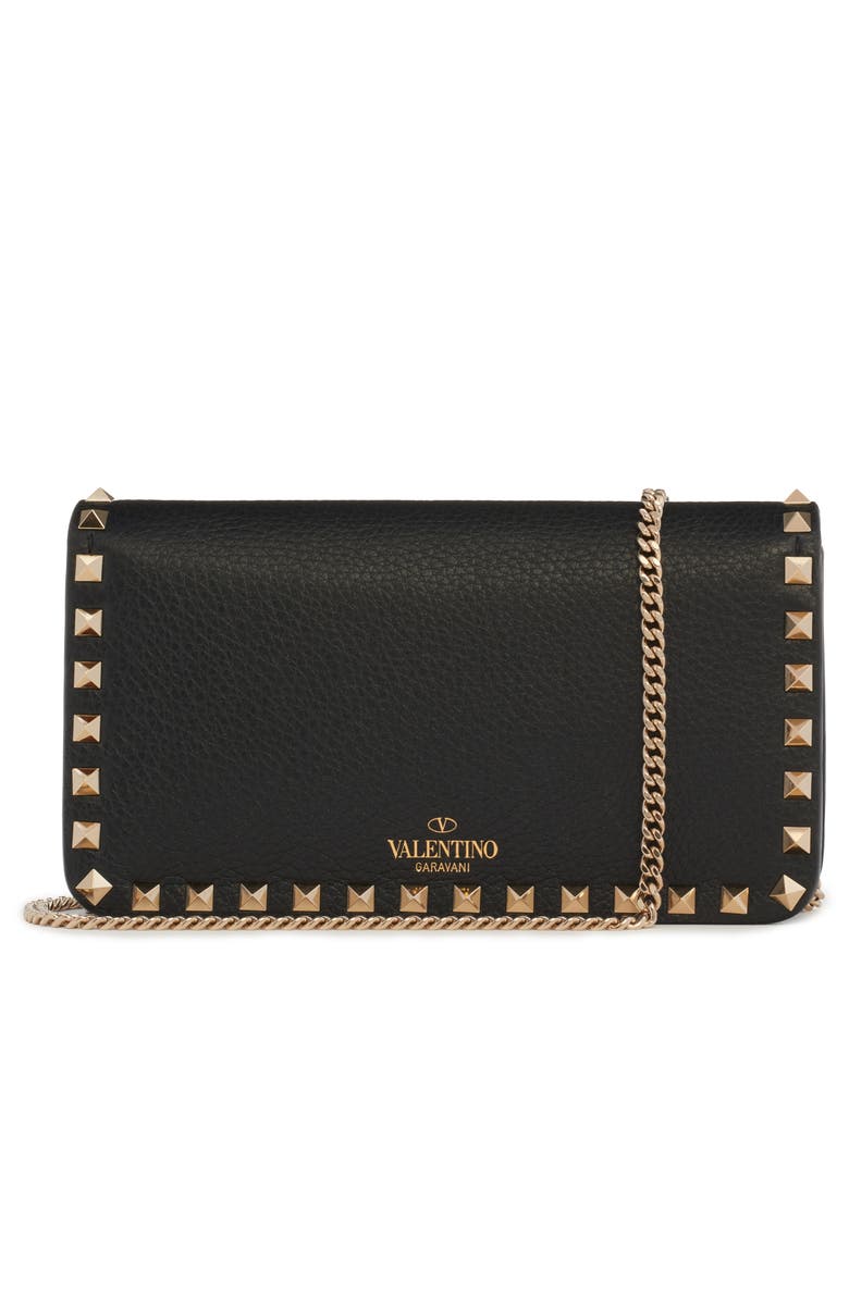 Valentino Garavani Rockstud Leather Wallet on a Chain, Alternate, color,
