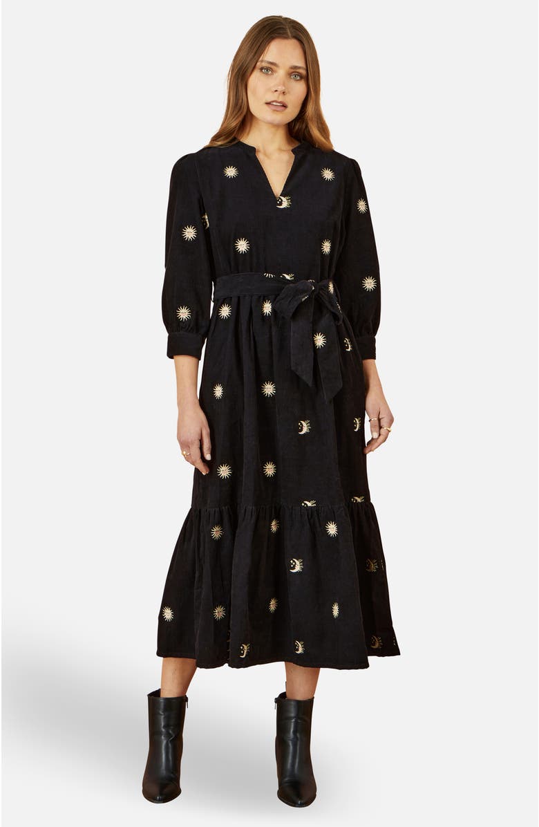 Yumi Cosmic Embroidery Cord Midi Shirt Dress, Main, color, Black