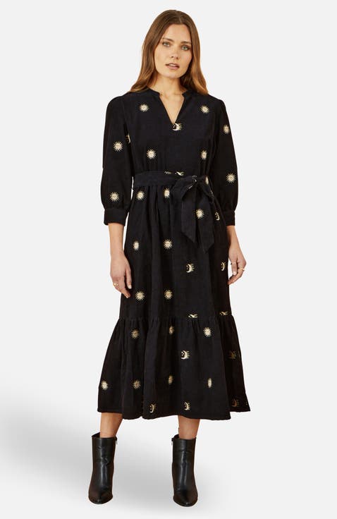 Cosmic Embroidery Cord Midi Shirt Dress