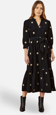 Yumi Cosmic Embroidery Cord Midi Shirt Dress
