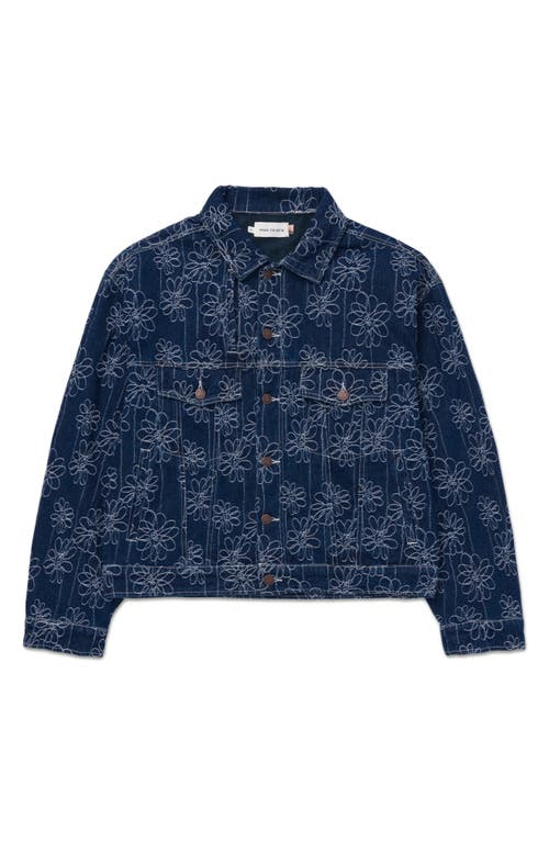 HONOR THE GIFT Floral Embroidery Denim Trucker Jacket in Indigo 