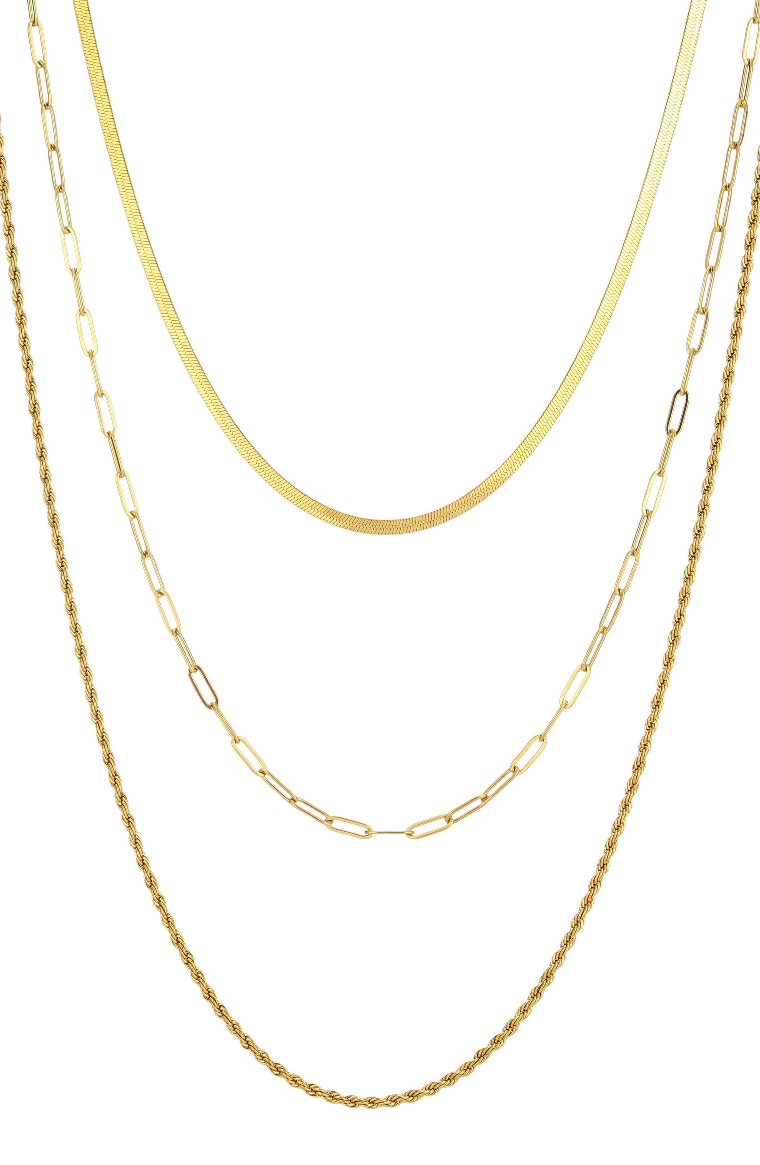 Tarnish Resistant 18K Gold Plate 3-Layer Connected Chain Necklace