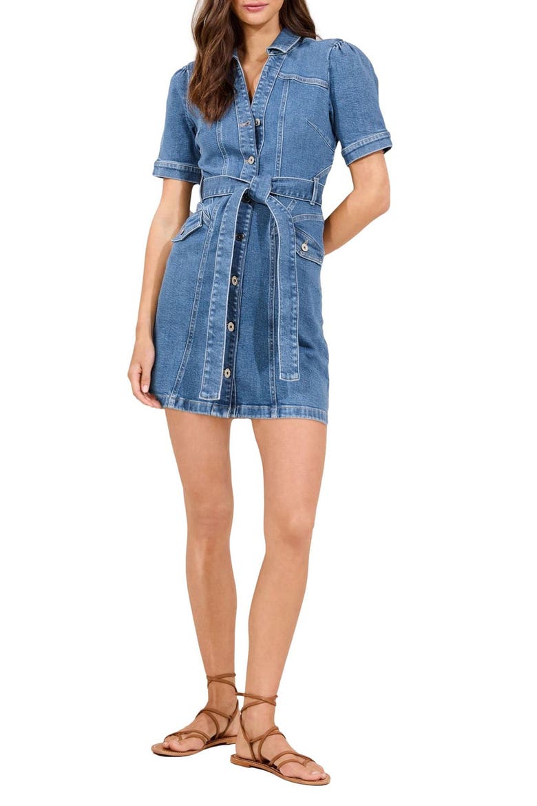 Belted Denim Mini Shirtdress, Main, color, MID WASH