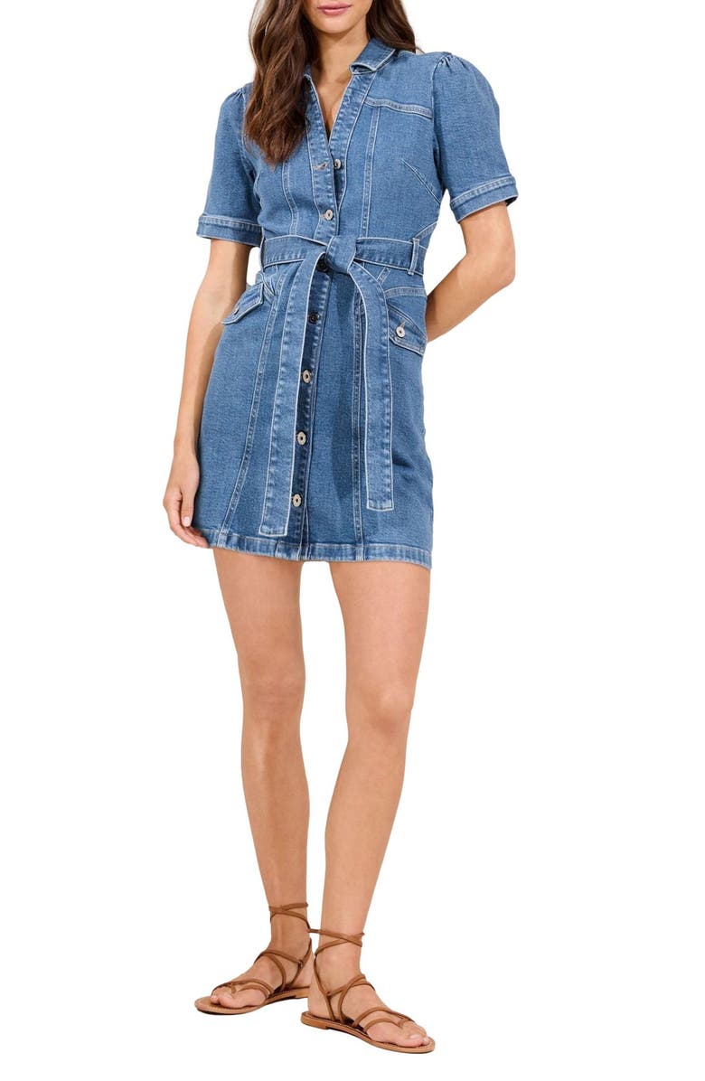Lipsy Belted Denim Mini Shirtdress, Main, color, Mid Wash