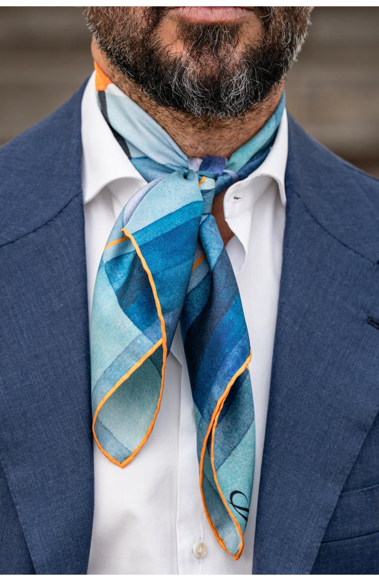 Elizabetta The Harbinger of Autumn - Hand Rolled Silk Neckerchief for Men, Alternate, color, Blue