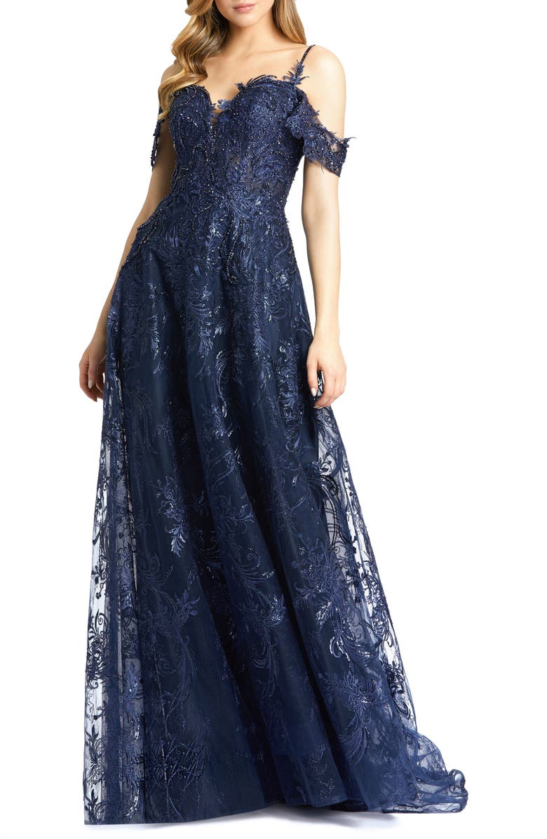 Mac Duggal Embellished Cold Shoulder Sweetheart A Line Gown, Main, color,