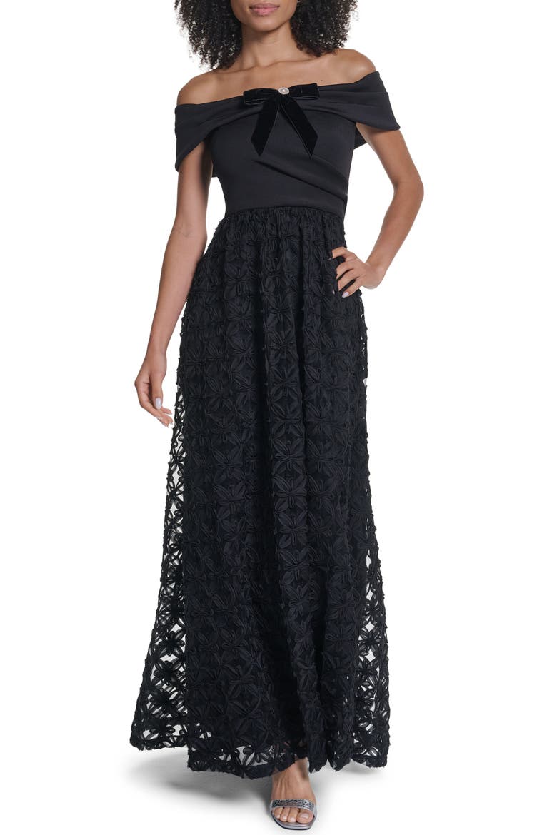 Velvet Bow Off the Shoulder Gown, Main, color, BLACK