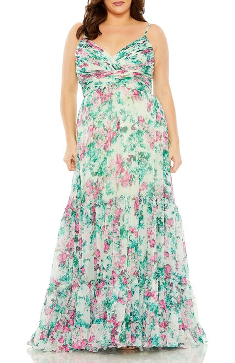 Floral Printed Tiered Gown with Ruched Detailing