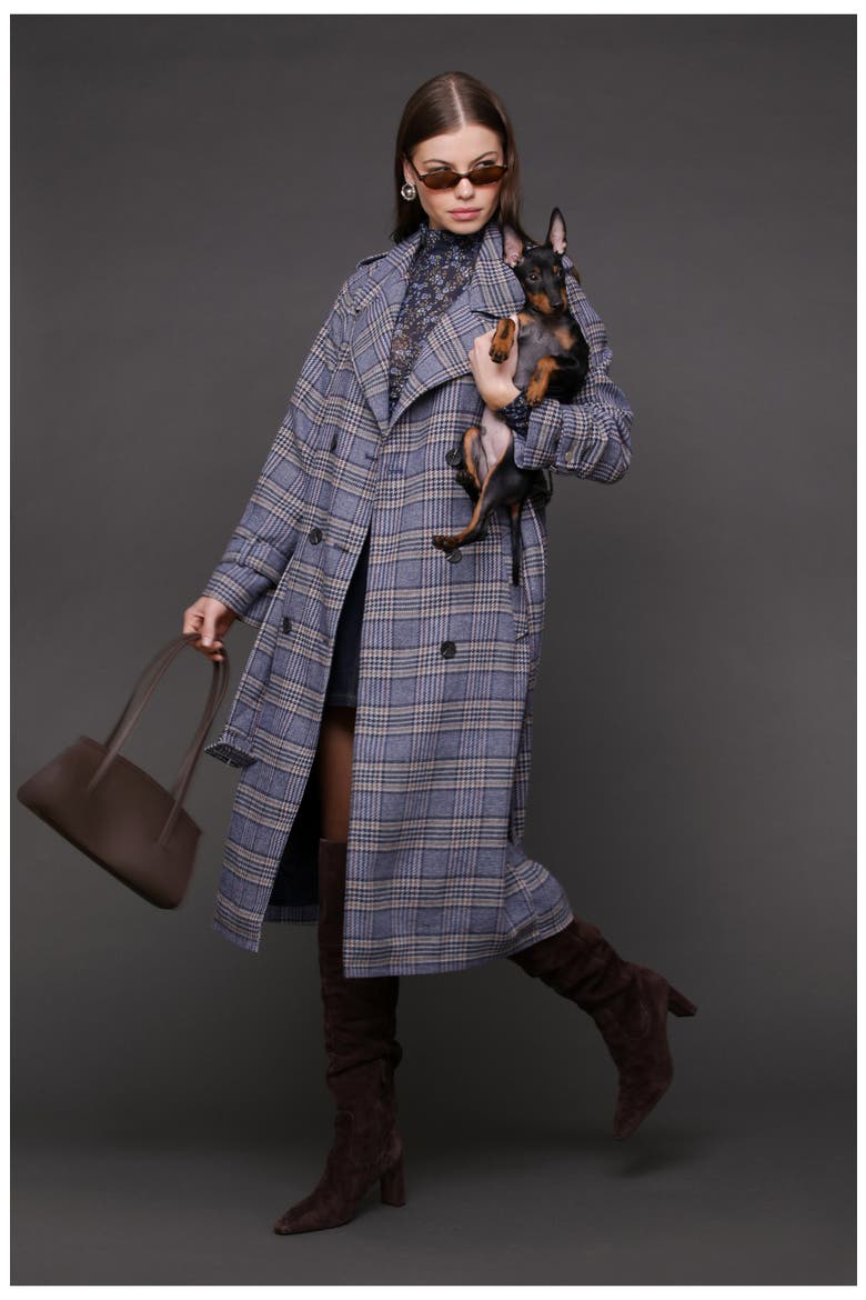 Plaid Herringbone Double Breasted Trench Coat, Alternate, color, BLUE BROWN PLAID