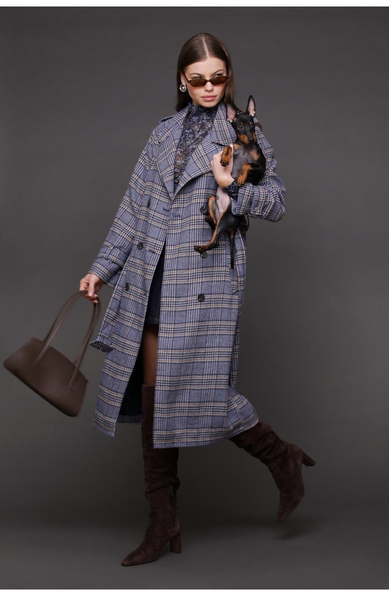 Avec Les Filles Plaid Herringbone Double Breasted Trench Coat, Alternate, color, Blue Brown Plaid
