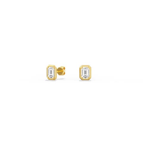 Gold Frame Emerald Lab Diamond Studs in 14K Gold