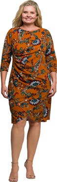 24seven Comfort Apparel Plus Size Elbow Sleeve Ruched Tulip Fall Print Mini Dress