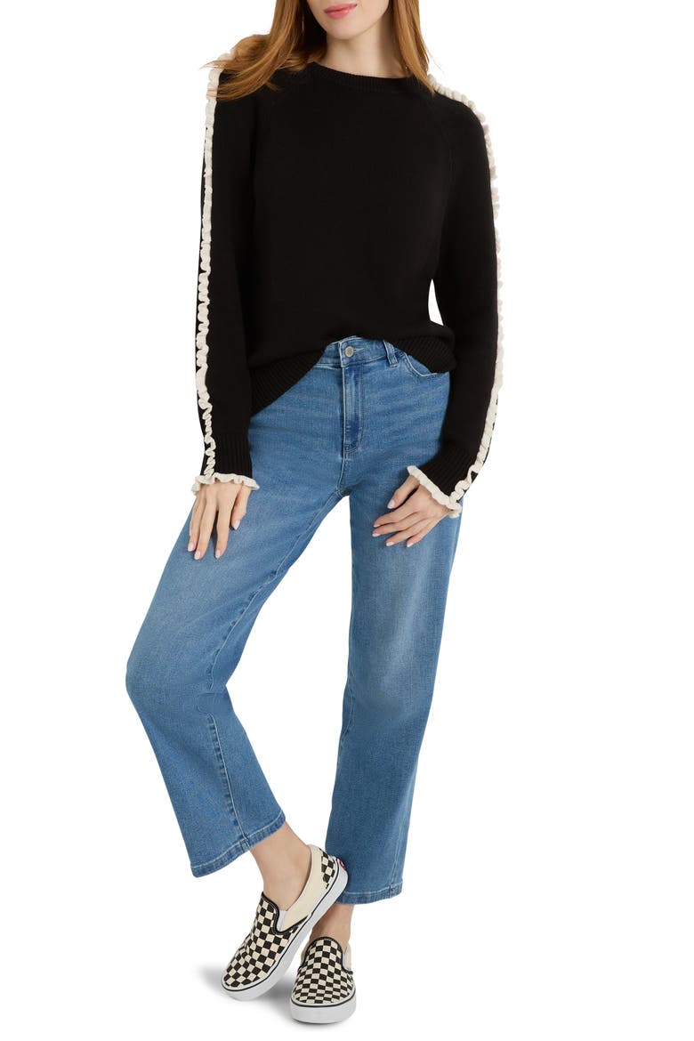 Ruffle Trim Cotton Blend Sweater, Alternate, color, BLACK ONYX
