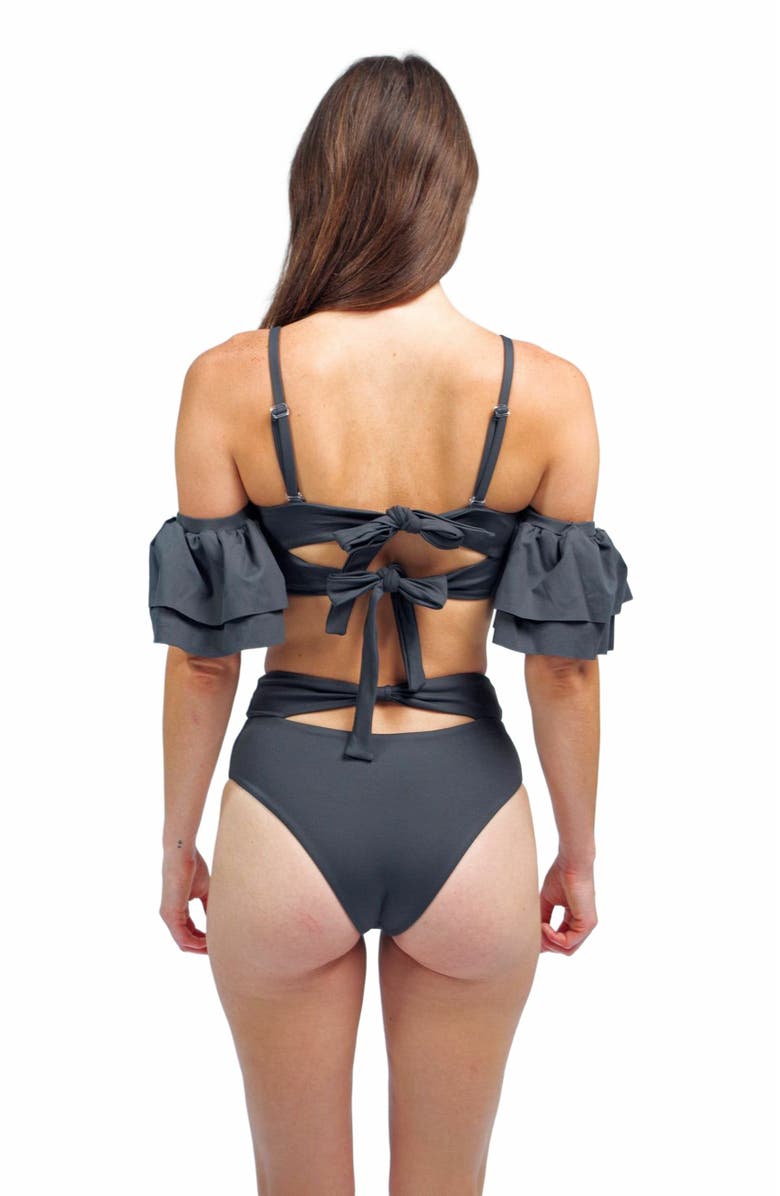 Mary Mercedes Ty Cutout Bikini Top With Ruffle Sleeves, Alternate, color, Charcoal Grey
