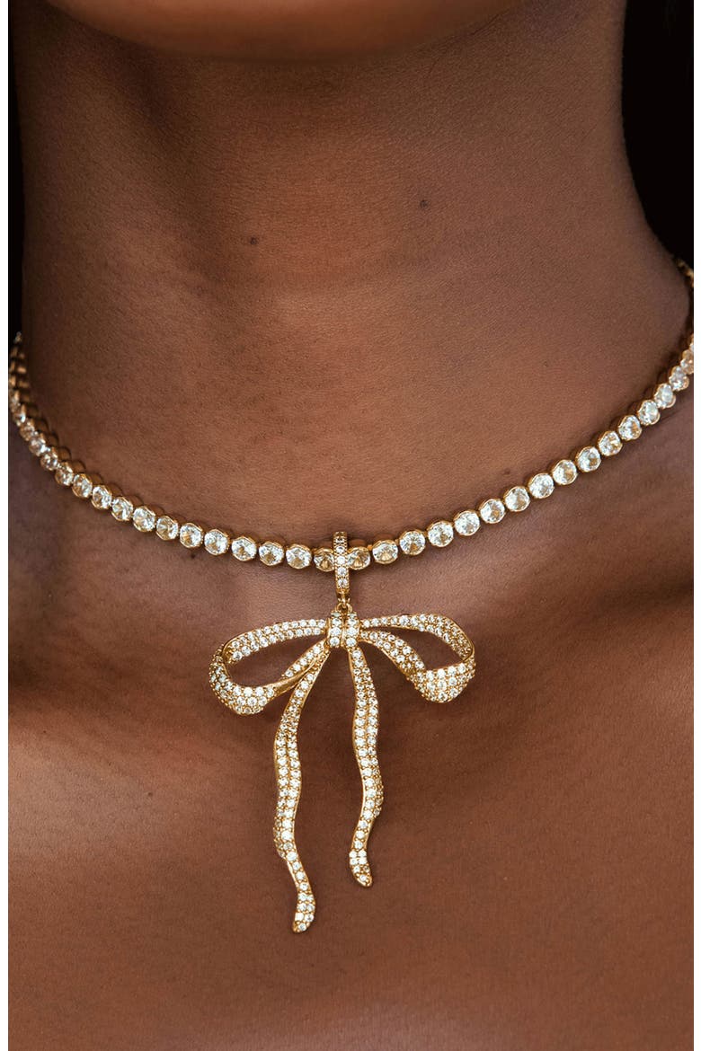 Pavé Bow Tennis Necklace, Alternate, color, GOLD