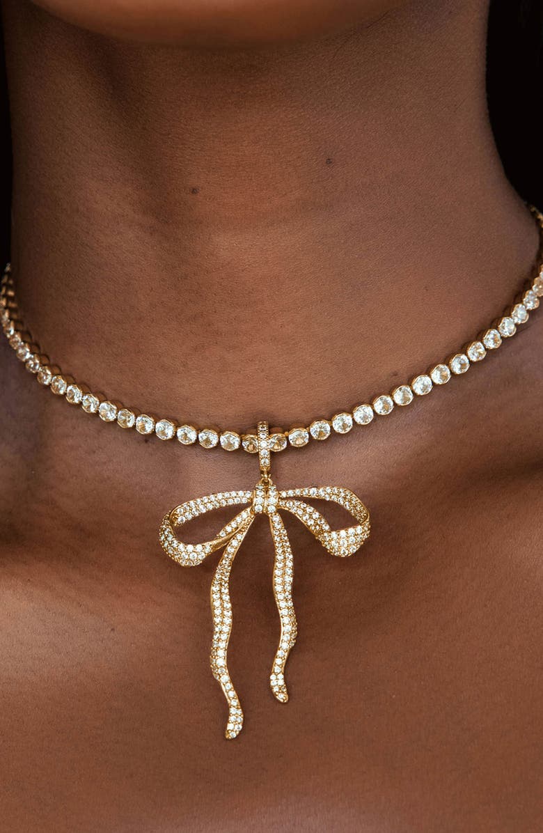 Ettika Pavé Bow Tennis Necklace, Alternate, color, Gold