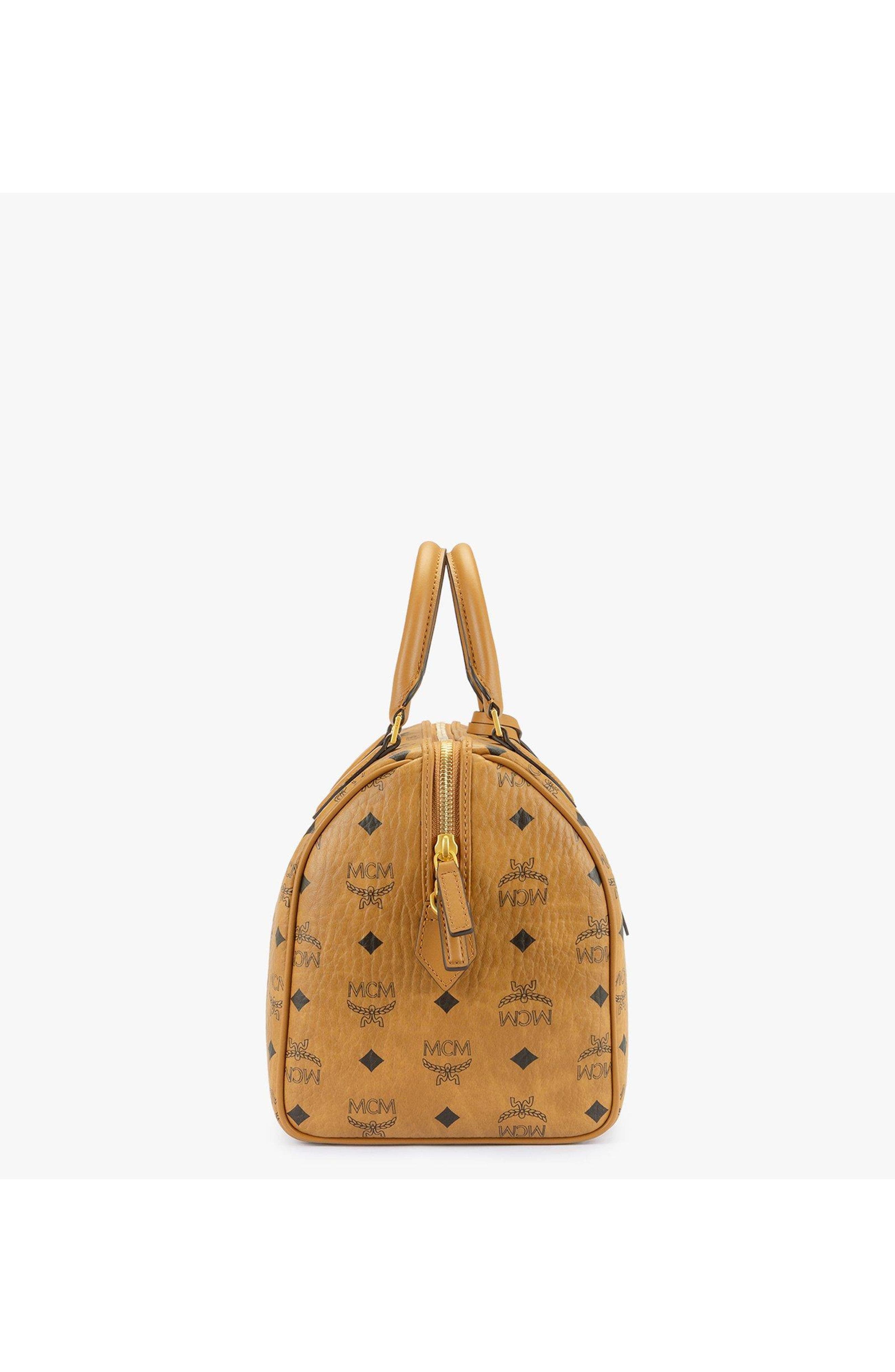 MCM Medium Ella Boston Bag in Visetos, Alternate, color, Cognac