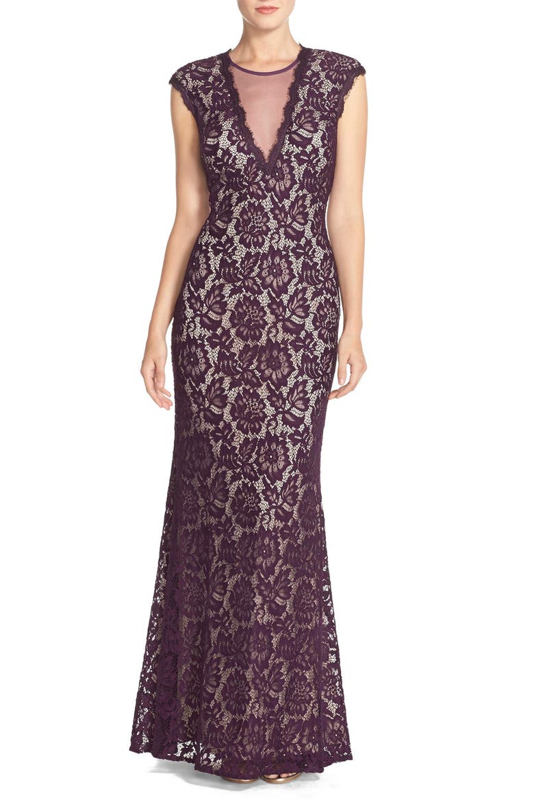 Illusion V-Neck Lace Trumpet Gown, Main, color, PLUM/ NUDE
