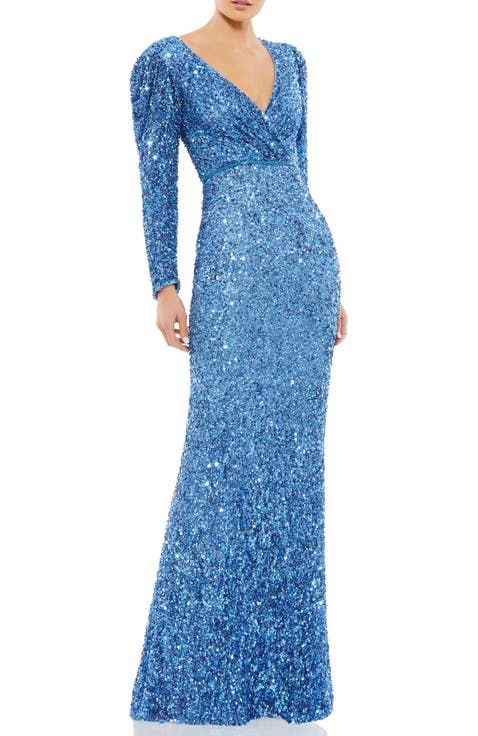 Puff Shoulder Sequined Surplice Gown