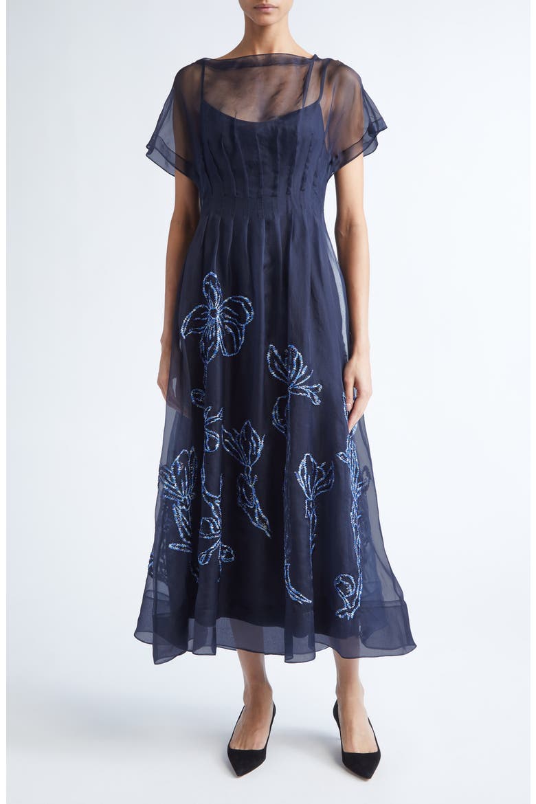 Ikat Floral Embroidered Silk Organza Dress, Main, color, NAVY/ BLUE