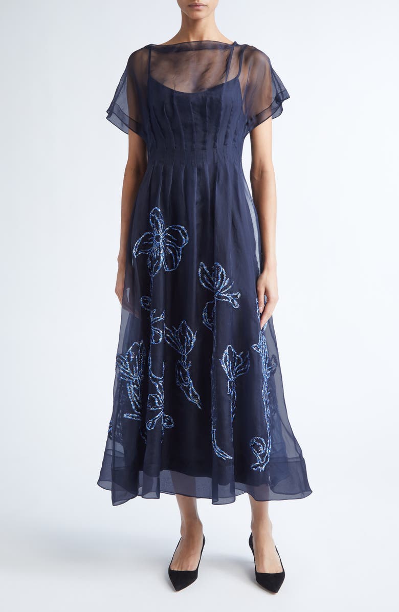 Lela Rose Ikat Floral Embroidered Silk Organza Dress, Main, color, Navy/ Blue