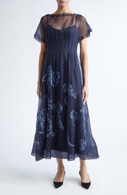 Lela Rose Ikat Floral Embroidered Silk Organza Dress