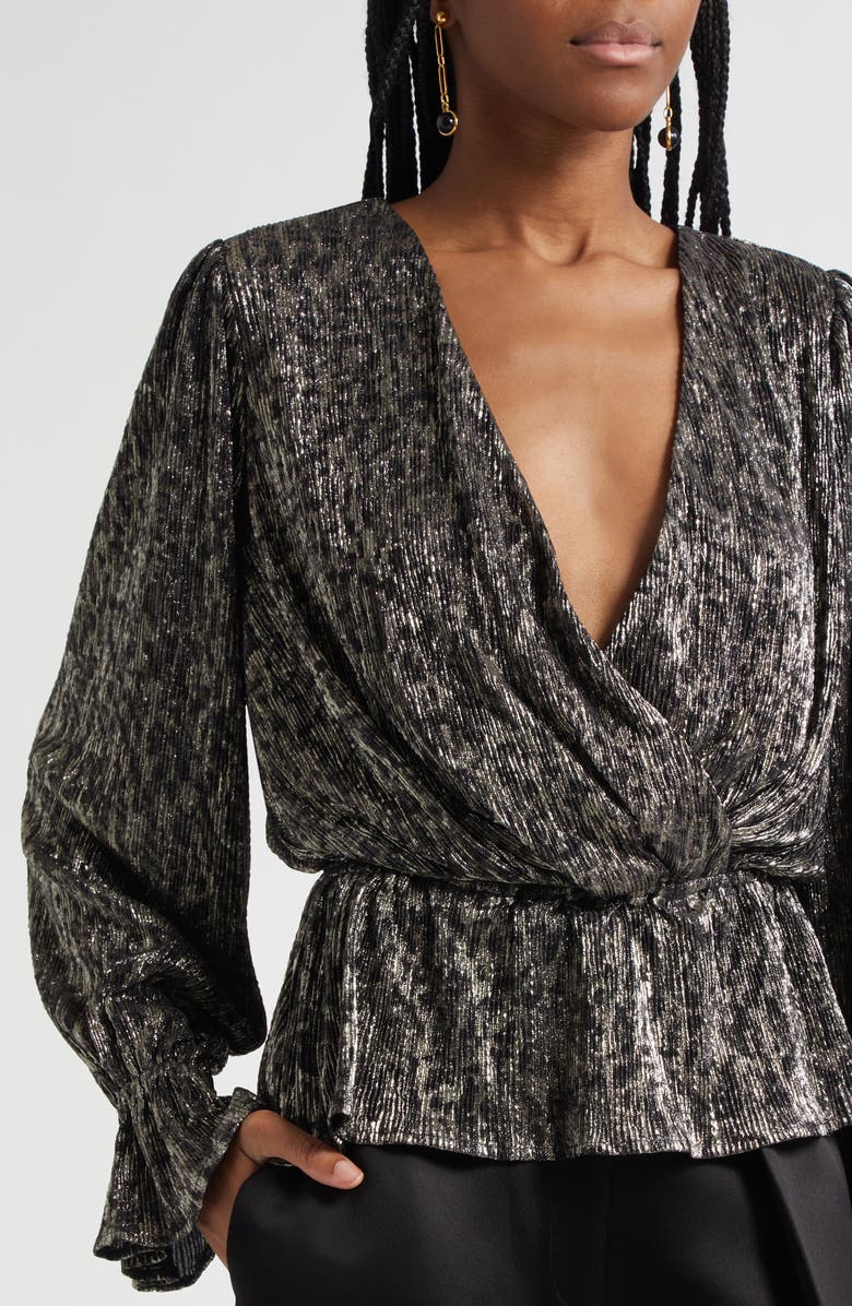 Ramy Brook Jean Metallic Lamé Faux Wrap Top, Alternate, color, Black Animal Lame