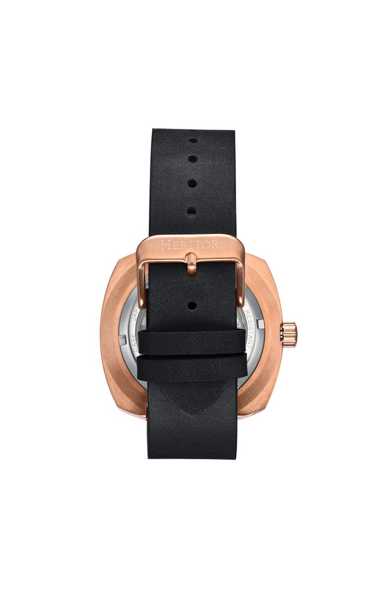 Heritor Automatic Davenport Engraved-Case Leather-Band Watch w/ Date, Alternate, color, Rose Gold/Black