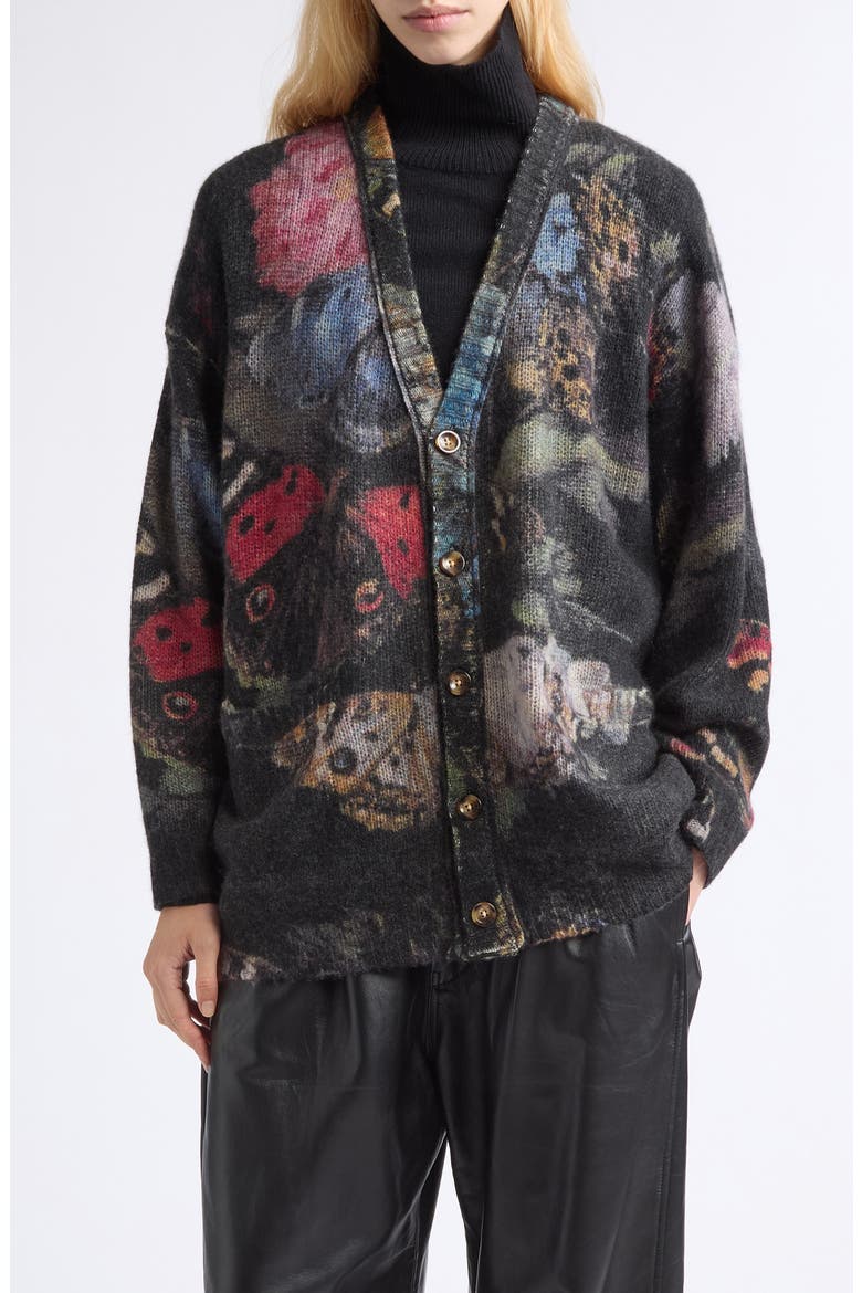 Oversized Cashmere Cardigan, Main, color, RED BLUE BLACK BUTTERFLY