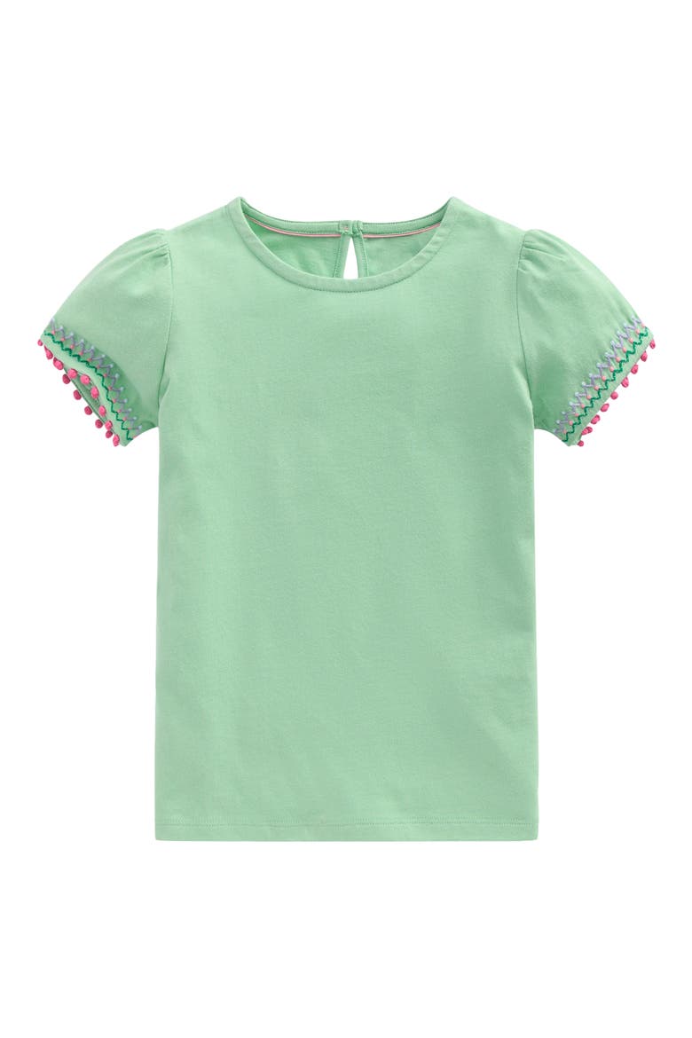 Kids' Embroidered Pom Trim Puff Sleeve Cotton T-Shirt, Main, color, PISTACHIO GREEN