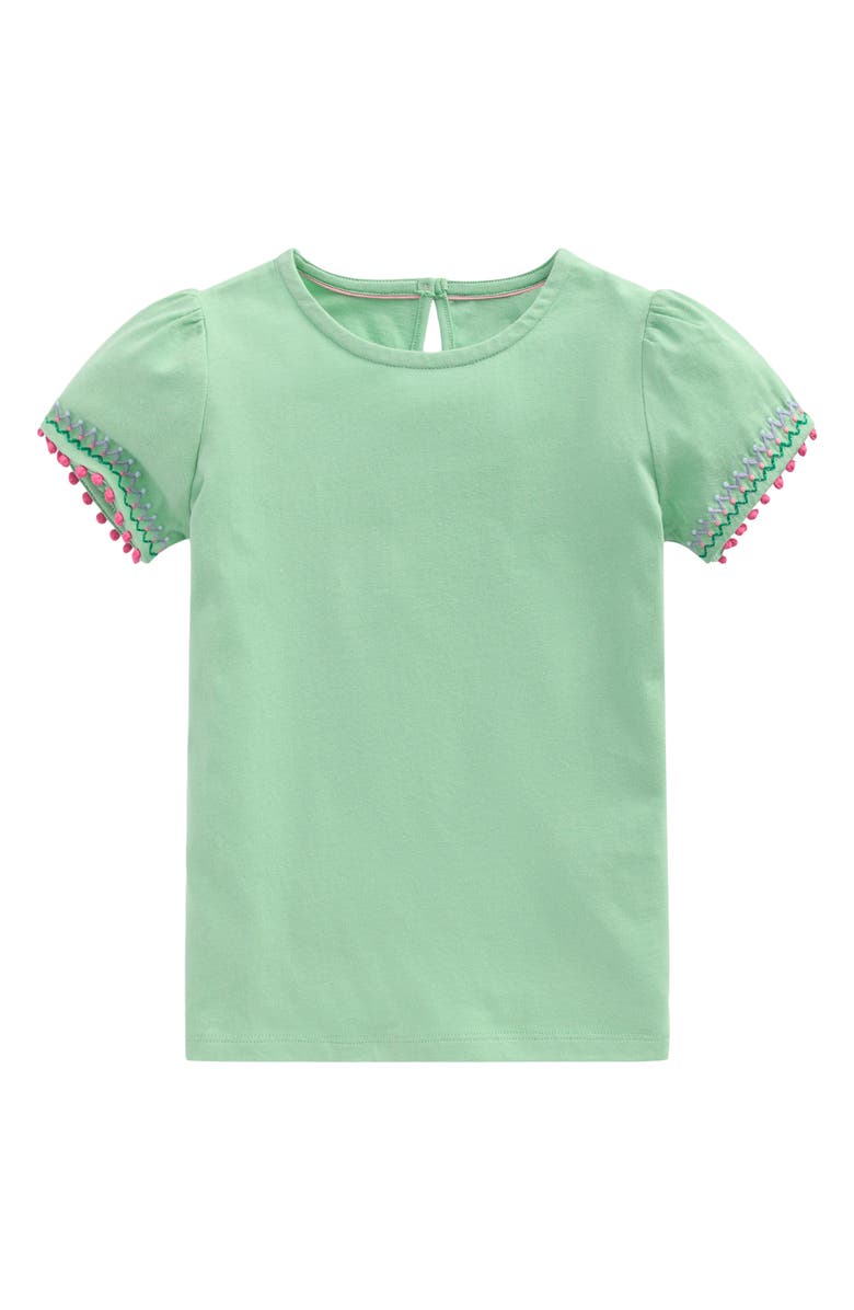 Mini Boden Kids' Embroidered Pom Trim Puff Sleeve Cotton T-Shirt, Main, color, Pistachio Green